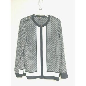 Dana Buchman Top Blouse Women's Size 6 Black White Green Roll Tab Sleeve